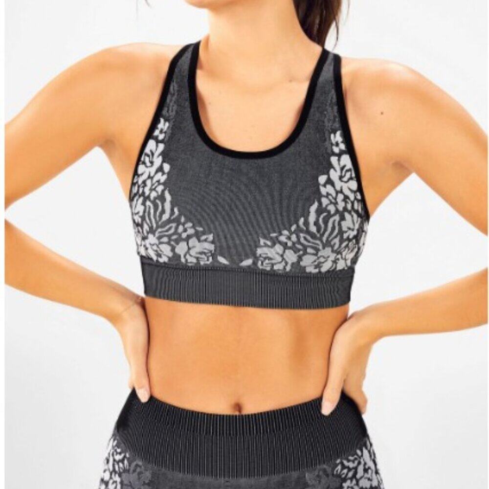 Fabletics Seamless Floral Sports Bra M Black Gray Strappy Back Workout